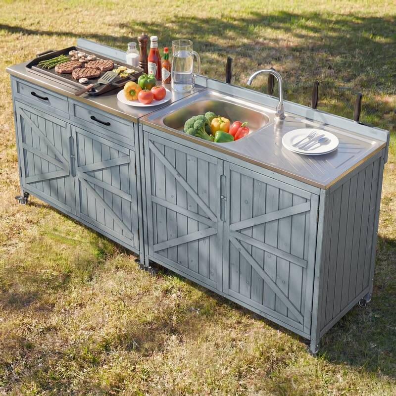 Outdoor Kitchen Island Series, 2 Piece Modular Solid Wood Set, 304 Sink Station, Drawer, 2 Door Shelves, Outdoor Storage Cabinet