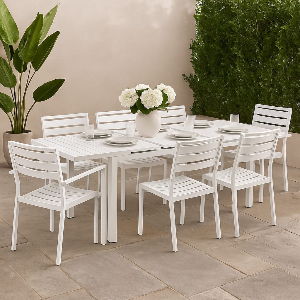 Meta 95 Inch Extendable Dining Table, White Aluminum Frame, Plank Top