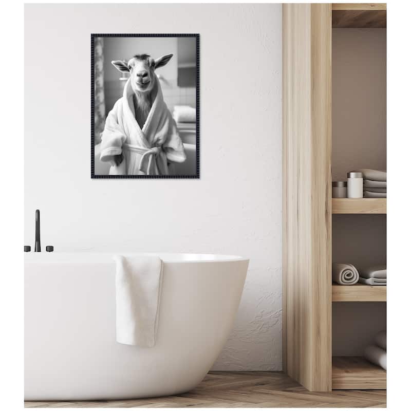 Kate and Laurel Sylvie Goat Bathroom Art Towel Robe Black and White Framed Canvas by The Creative Bunch Studio