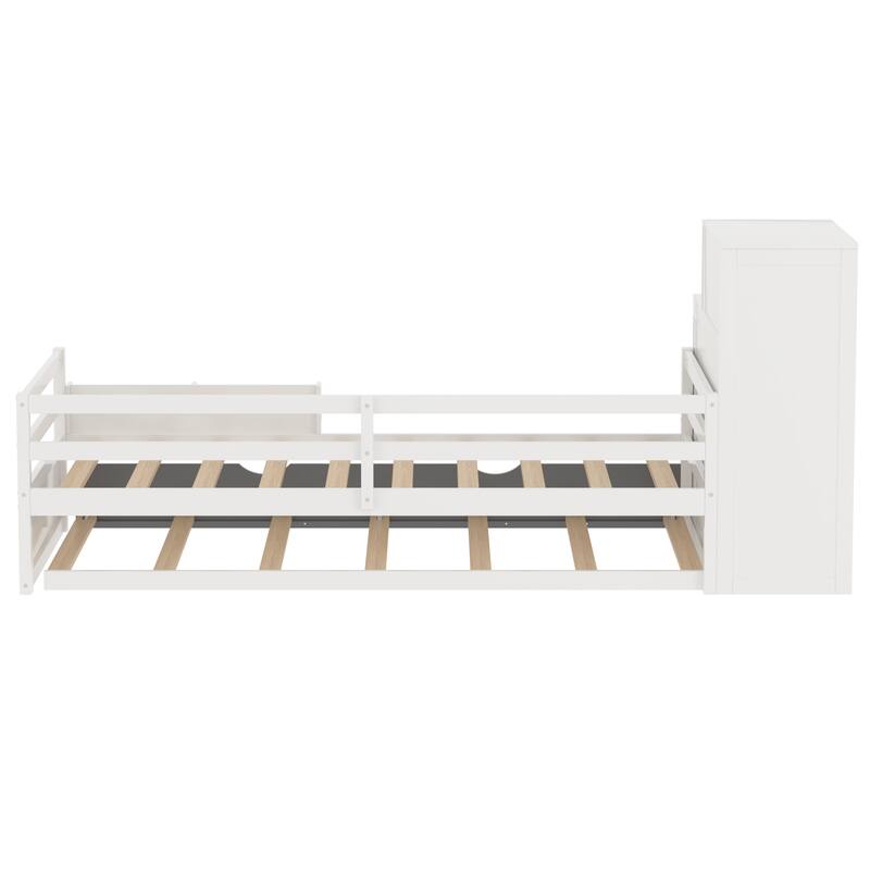 Multifunctional Twin Size Wood Platform Bed with Bookshelf, Wardrobe, and Trundle, White
