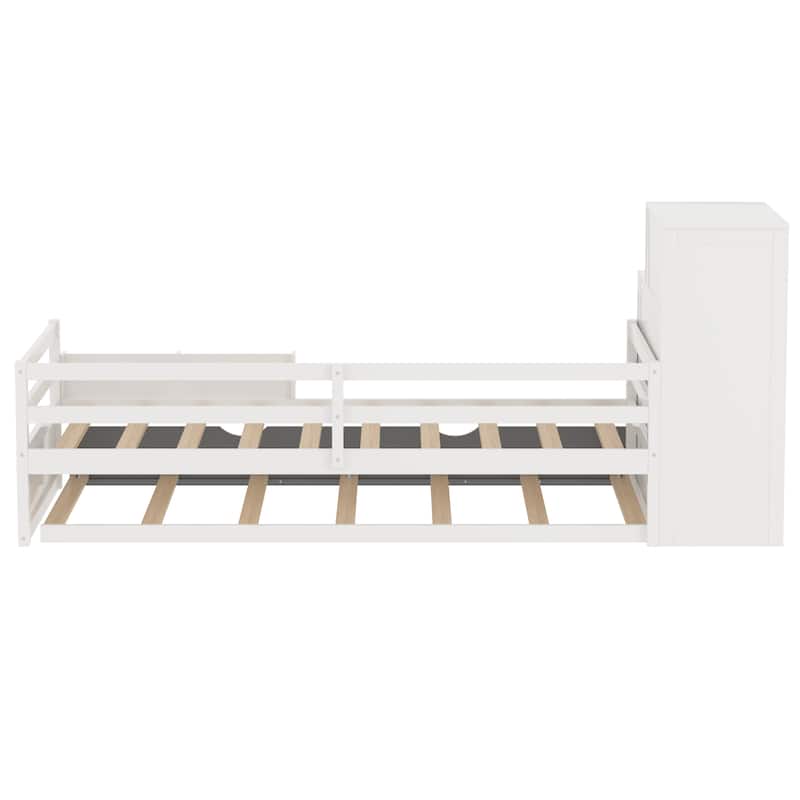 Twin Size Wood Platform Bed with Sample Bookshelf and Movable Wardrobe, Multifunctional Bed with Built-in Trundle Bed, White
