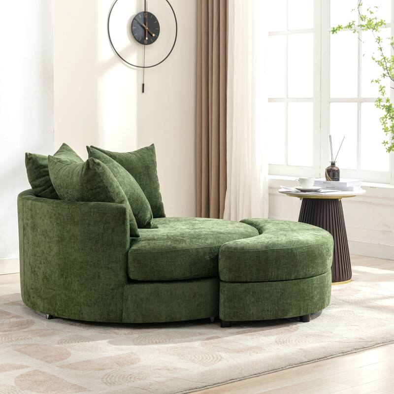 Roomfitters Modern 360° Swivel Barrel Chair with Hidden Storage Ottoman, Chenille Upholstery and Four Pillows