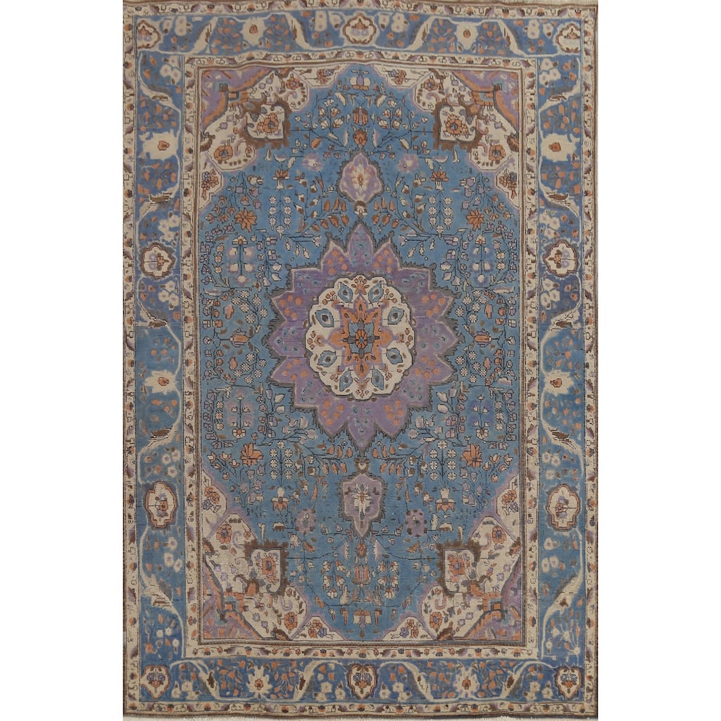 Blue Tabriz Persian Vintage Rug Hand-Knotted Floral Wool Carpet - 6'8"x 9'7"