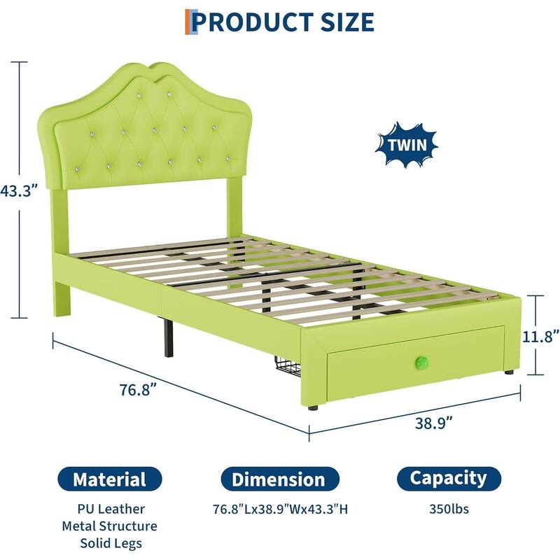 Bed Frame, with LED Lights and Storage Drawer