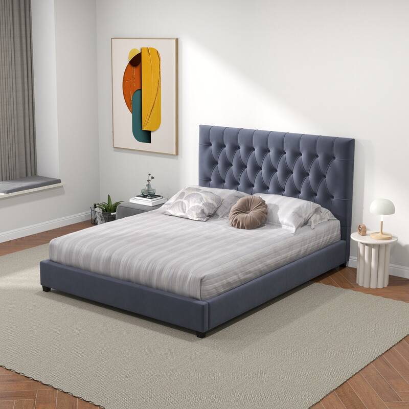 Queen Size Velvet Mid-Century Platform Bed with Tufted Headboard and Solid Wood Legs