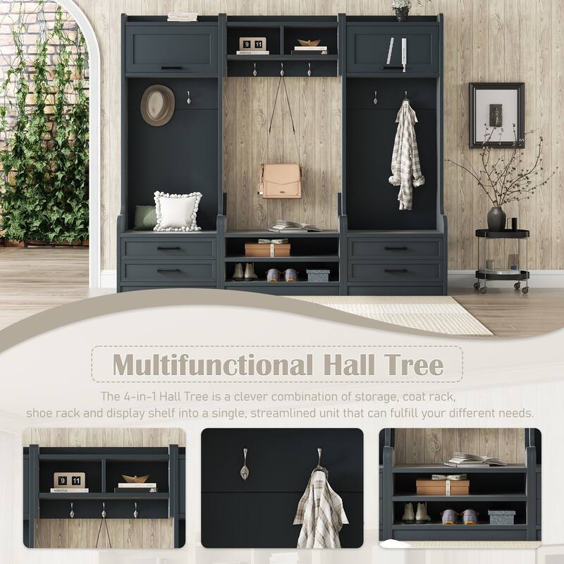 Roomfitters 4-in-1 Detachable Hall Tree with Hooks and Drawers, Entryway Coat Rack with Shoe Bench and Storage Cabinet