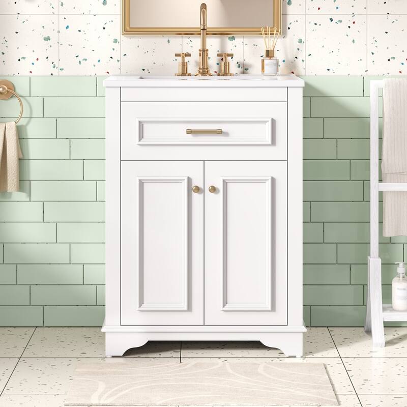 24" Bathroom Vanity with Integrated Ceramic Sink, 2 Doors & 1 Tip-Out Drawer for Small Bathrooms, Single Sink Vanity - White