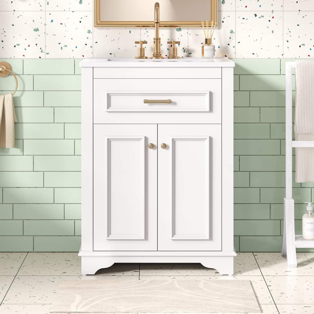 24" Bathroom Vanity with Integrated Ceramic Sink, 2 Doors & 1 Tip-Out Drawer for Small Bathrooms, Single Sink Vanity