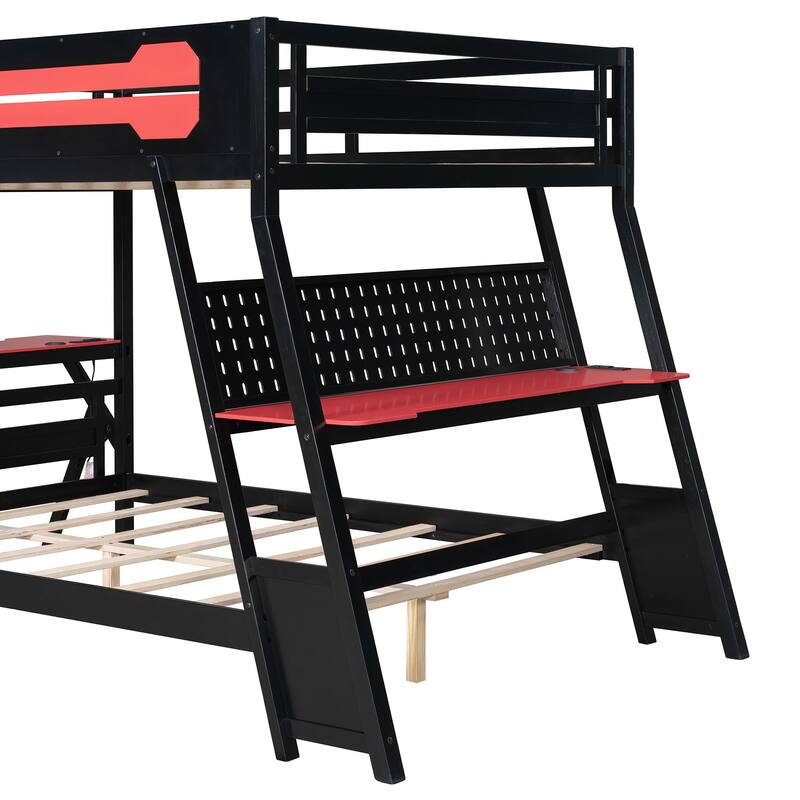 E-sports Inspired Bunk Bed with 2 Built-In Gaming Desks, USB Desktop Ports and Pegboard Organizer, Bunk Frame for Teens Gamer