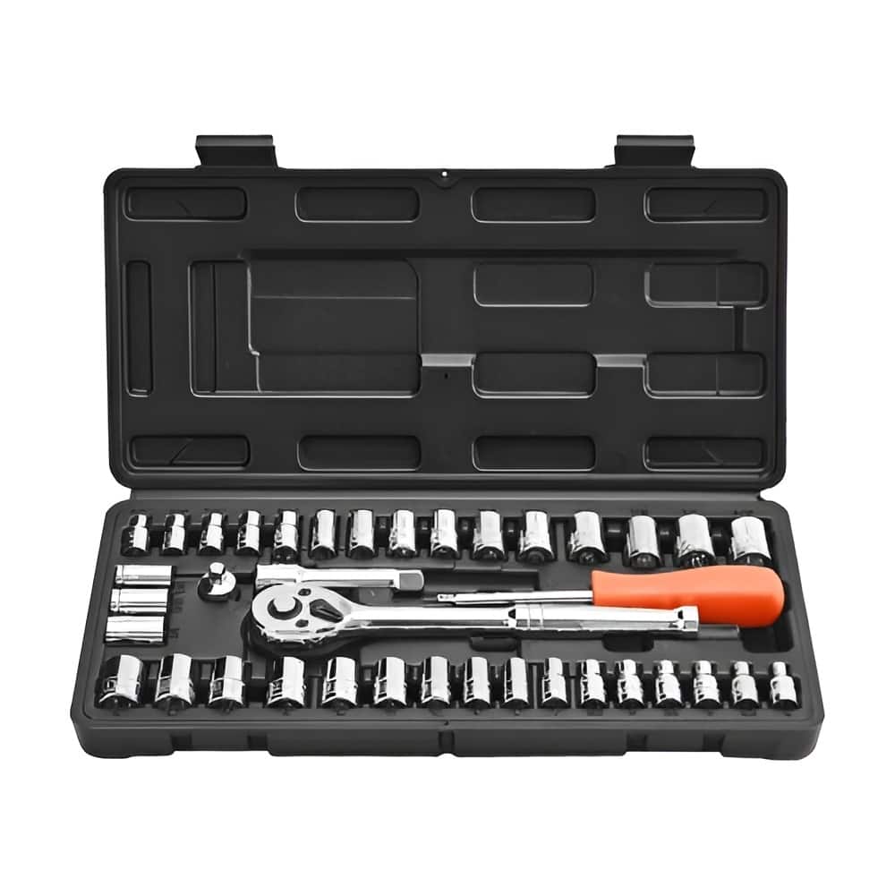 Black CR-V Alloy Steel 39-Piece Socket and Ratchet Set with Chrome Finish and High-Torque Design - 12.40 x 1.61 x 5.83