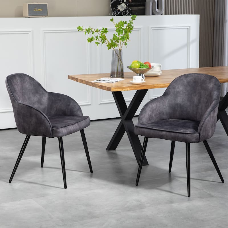 Set of 2 Batia Gray Velvet Fabric Dining Chairs with Black Iron Legs