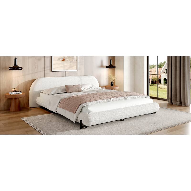 White Upholstered Boucle Fabric Low-Profile Platform Bed Frame with Thought Embeded Curved Thick Headboard and Metal Support Leg