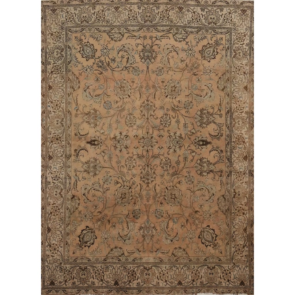 Hand Knotted Oriental 100% Wool Carpet Traditional Floral Peach Tabriz Area Rug - 10' 8'' X 9' 1''