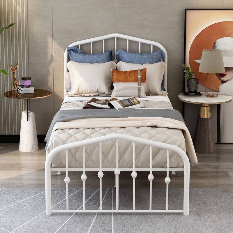 Alazyhome Platform Metal Bed Frame with Headboard, Iron Slat Support - New  White - Twin