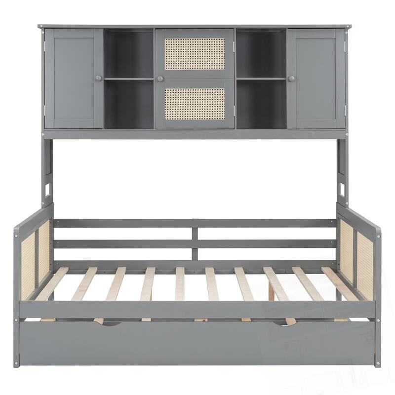 Wooden Daybed With Twin Size Trundle and All-in-One Cabinet and Shelf