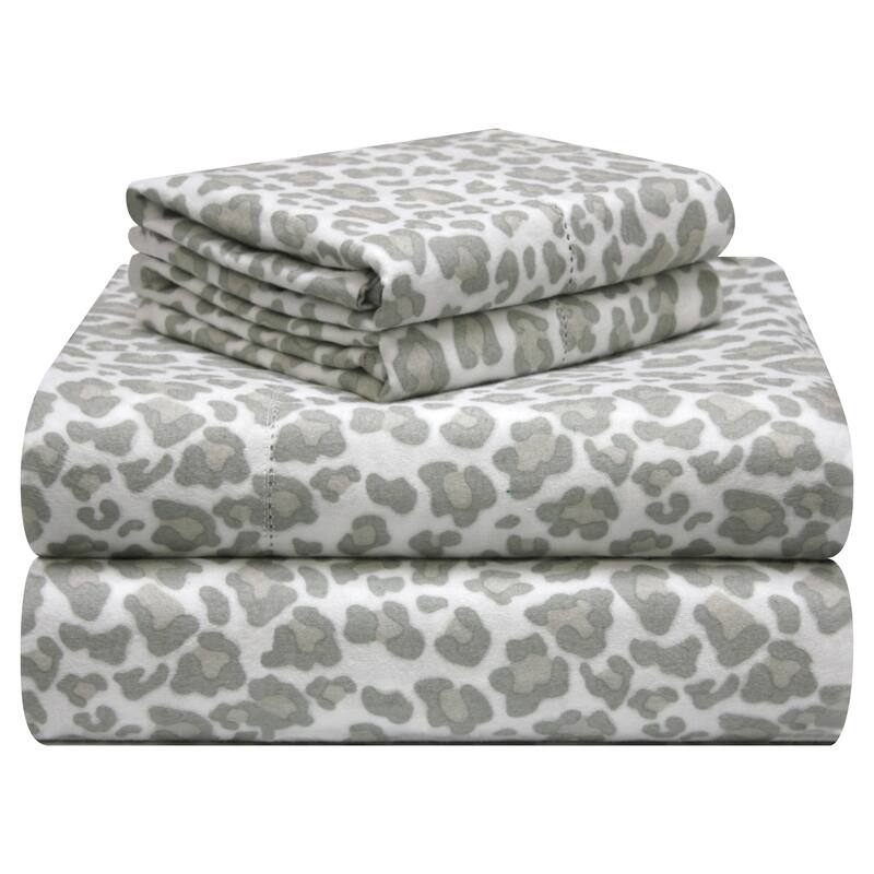 Pointehaven Printed Cotton Flannel Hemstitch Deep Pocket Bed Sheet Set - Queen - Leopard