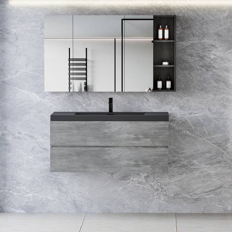 24/30/36/48/60 inch Melamine Floating Bathroom Vanity with Sink and Black Quartz Sand Top Basin and Soft Close Drawers - 48" x 20" x 23"