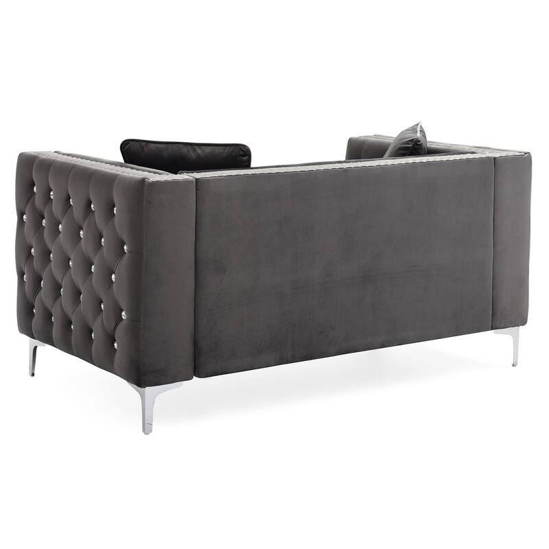 Tufted Nailhead Trim Velvet 2-Seater Sofa with Throw Pillows - 63" - Gray