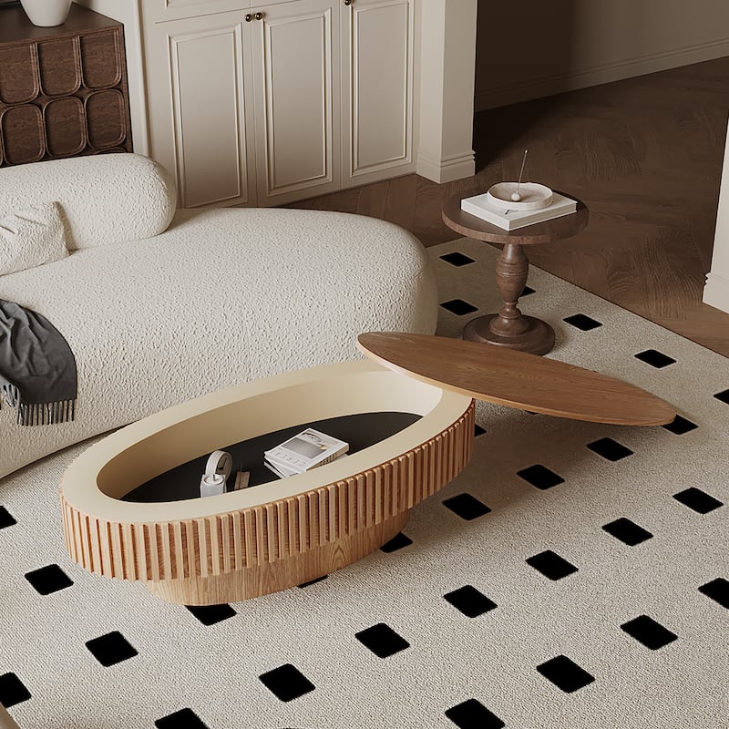 Modern 47" Oval Coffee Table with Storage Solid Wood Veneer for Living Room and Bedroom Decor