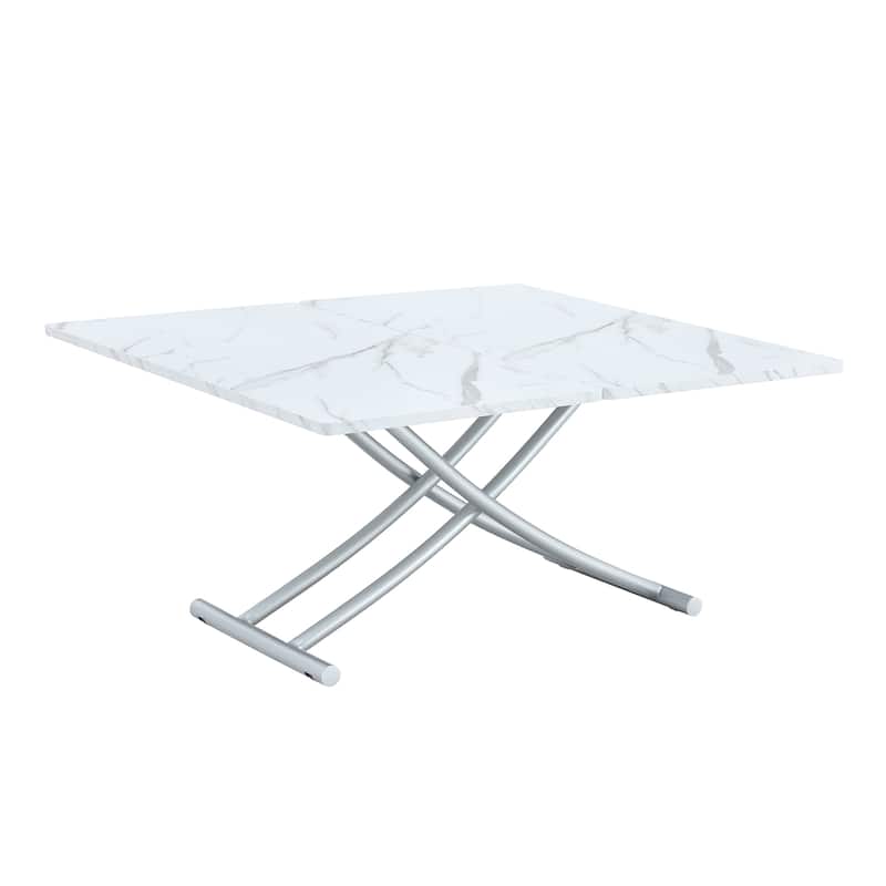 Roomfitters Lift Top Table with 0.8" MDF Surface and Silver Metal Legs, Modern Desk for Dining or Work Use, White+Silver
