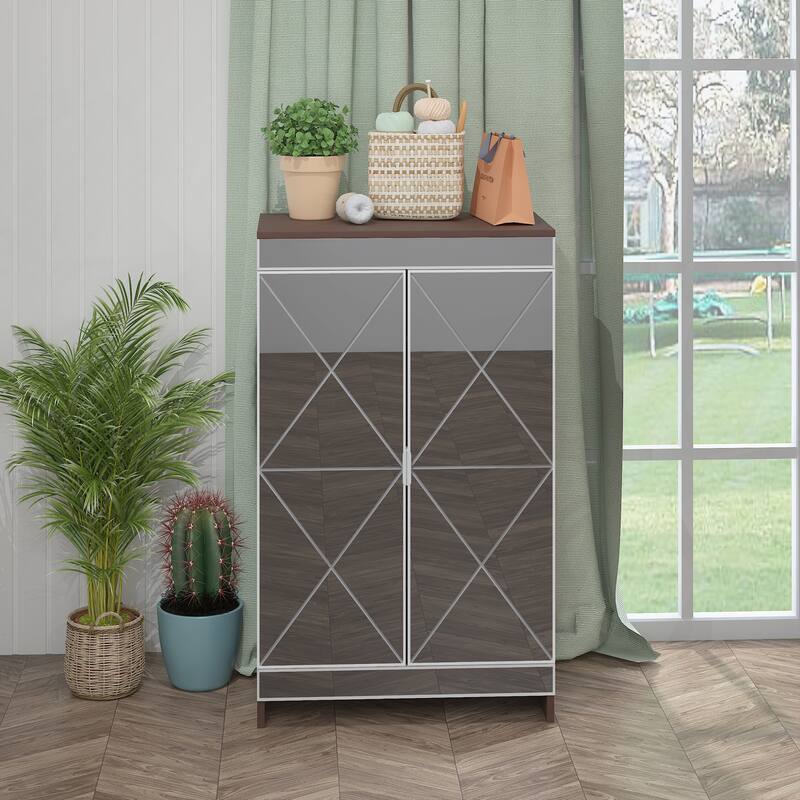 Modern Mirrored Shoe Storage Organizer Cabinet with Frosted Glass and Geometric Carvings for Elegant Storage in Small Spaces