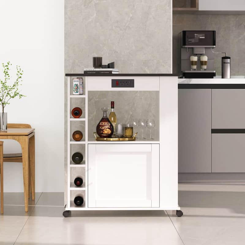VECELO Kitchen Cart with Wheels and Charging Station,35.4'Kitchen Island Cart Wine Rack Bar Table, Bar Cabinet