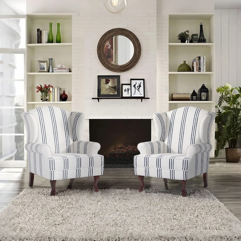 Set of 2 Elegant Living Room Wing Back Arm Chair Upholstered Accent Chair - STRIPE NAVY