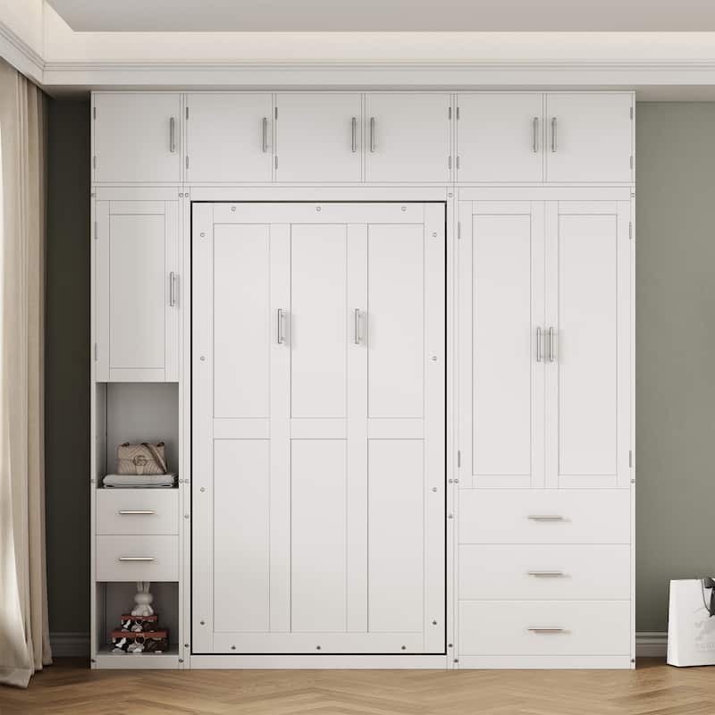 Space-Saving Twin Murphy Bed with Lockers and Wardrobes, White