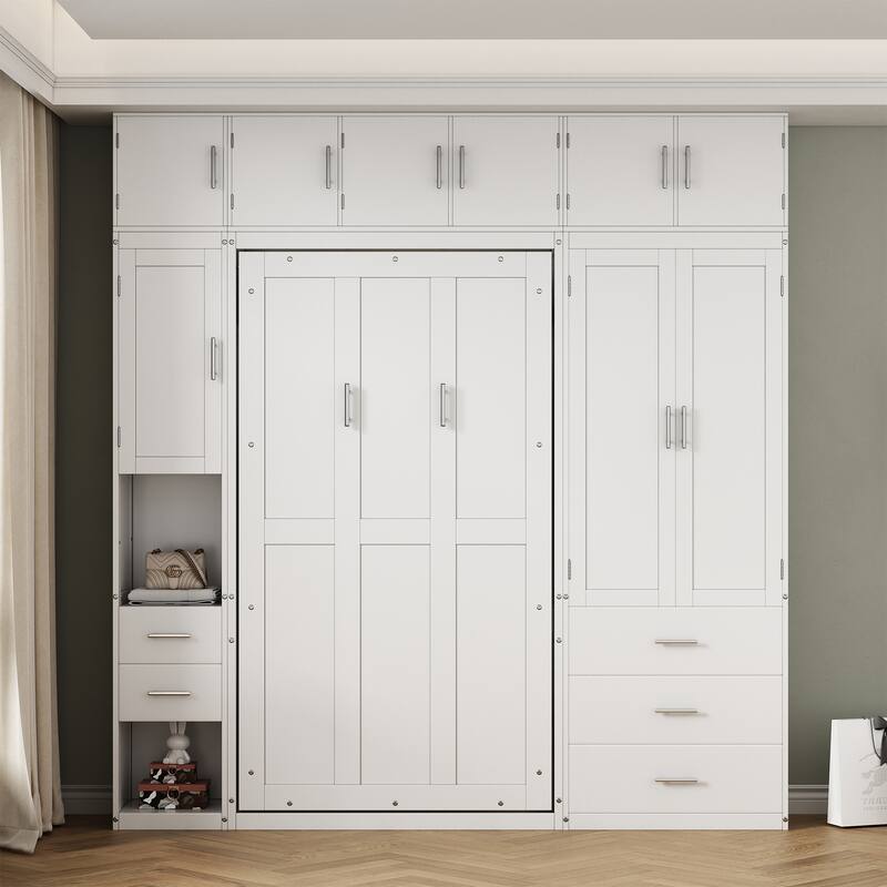 White Twin Size Modern Murphy Bed with Drawers, Lockers, and Wardrobes