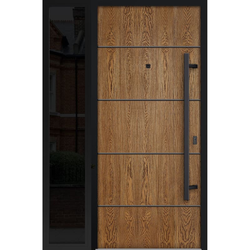 Exterior Prehung Steel Entry Door 0131 Black Enamel 2 Sidelites Top Window Stainless Steel Inserts W16+36+16xH80+16 - Beige - 48" x 80"