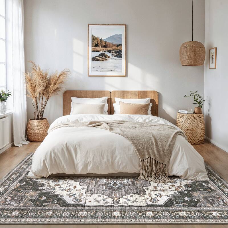 Mcow Floral Dark Gray Low-Pile Machine-Washable Non-Slip Area Rug