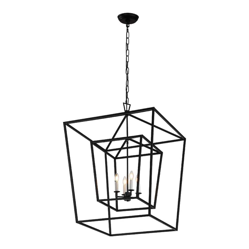 4 Light 29 inch Gilded Iron Extra Large Double Cage Lantern Pendant - Black