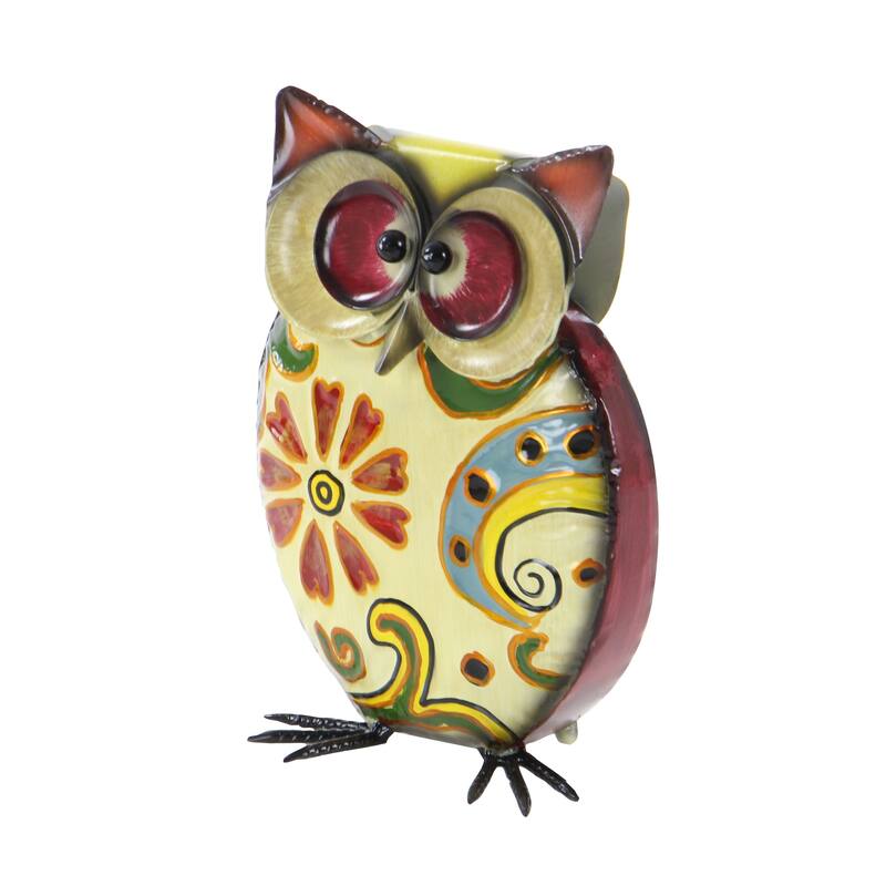 Yellow Metal Indoor Outdoor Owl Decorative Garden Sculpture with Floral Pattern