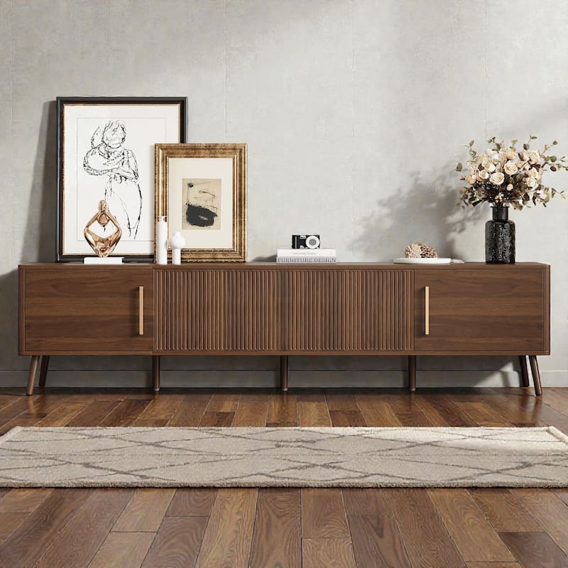 78" Modern TV Stand for 85" TVs, Entertainment Center with Fluted Doors, Solid Wood Legs & Cable Management, Soft-Close Hinges - Walnut