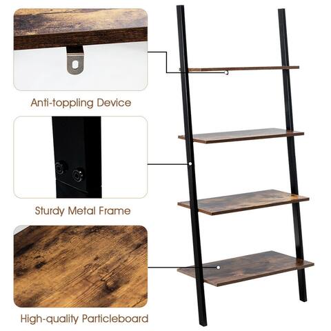 Gymax Industrial Ladder Shelf 4-Tier Leaning Wall Bookcase Plant Stand Rustic Brown