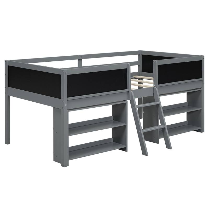 Twin Size Low Loft Bed with Two Movable Shelves and Ladder