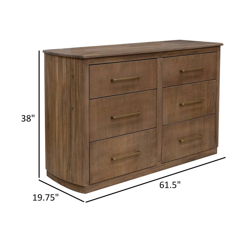 Okai Wide Dresser, 6 Drawers, Metal Handles, Farmhouse Brown Solid Wood
