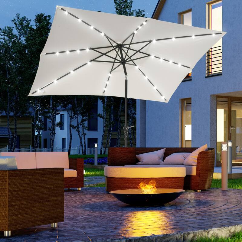 Outdoor terrace umbrella with tilting mechanism and LED lighting
