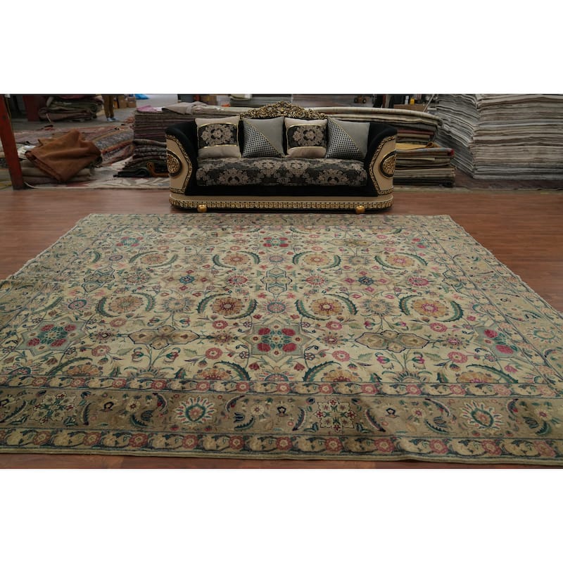 Hand Knotted Oriental 100% Wool Carpet Traditional All-Over Beige & Ivories Tabriz Area Rug - 12' 6'' X 10' 11''