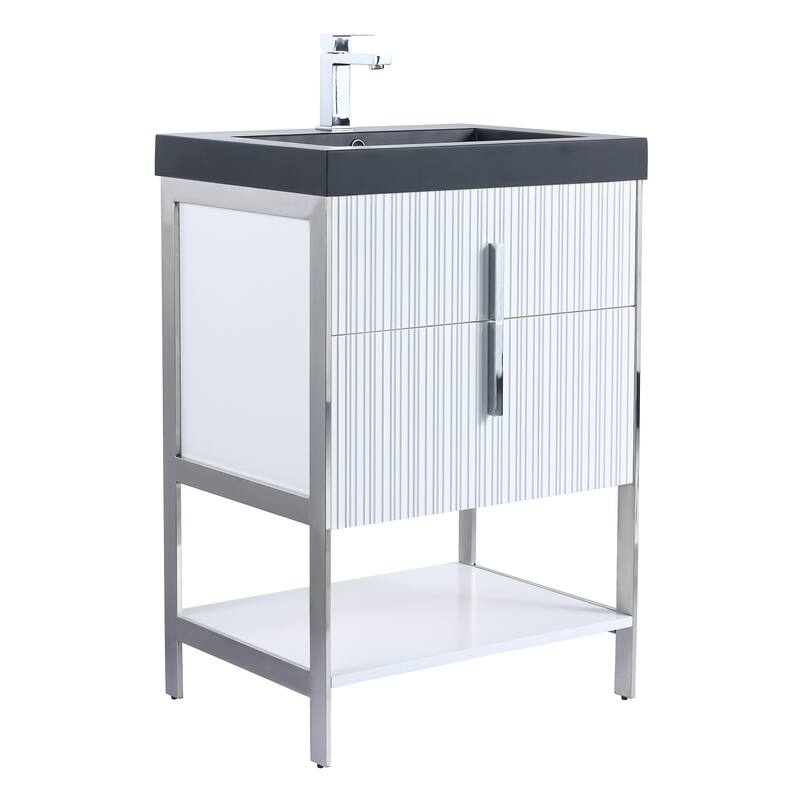 Fine Fixtures Serenity Modern Bathroom Vanity with Black Gel Acrylic Top - Black Matte - Chrome Hardware - 24 inch