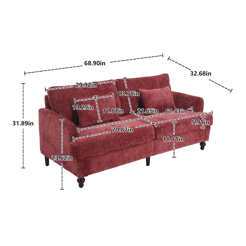 Red 68.9'' Chenille 2-Seater Sofa with Detachable Cushions