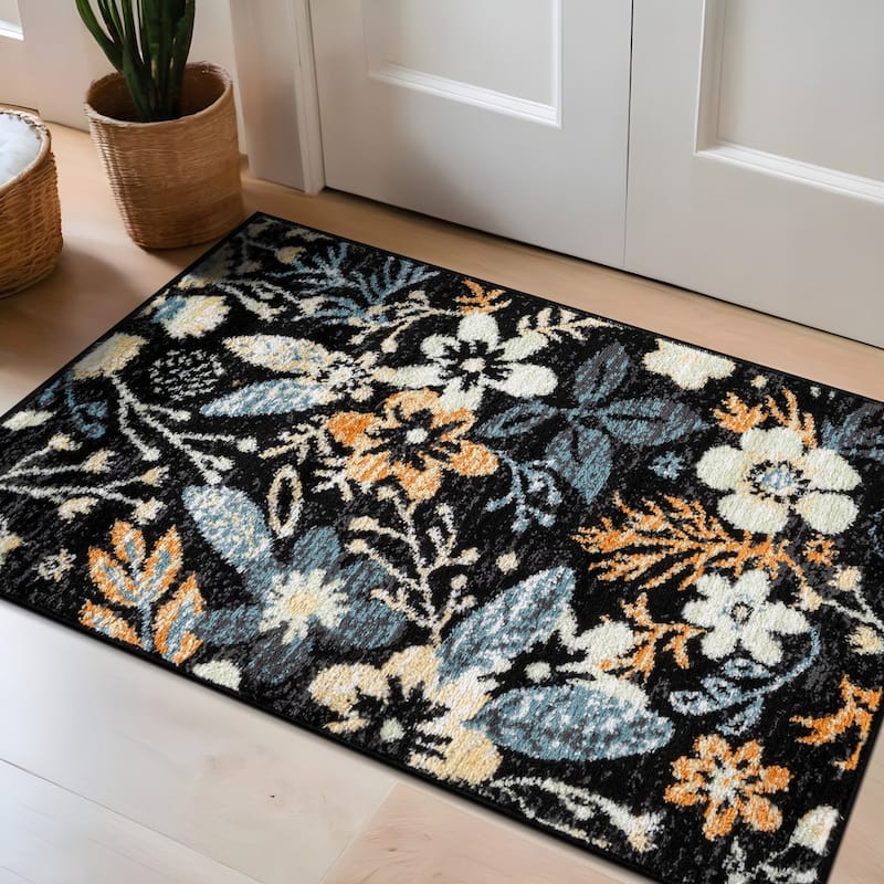 Beige Multi Garden Floral Stylish and Durable Area Rug - Black - 2' x 3'