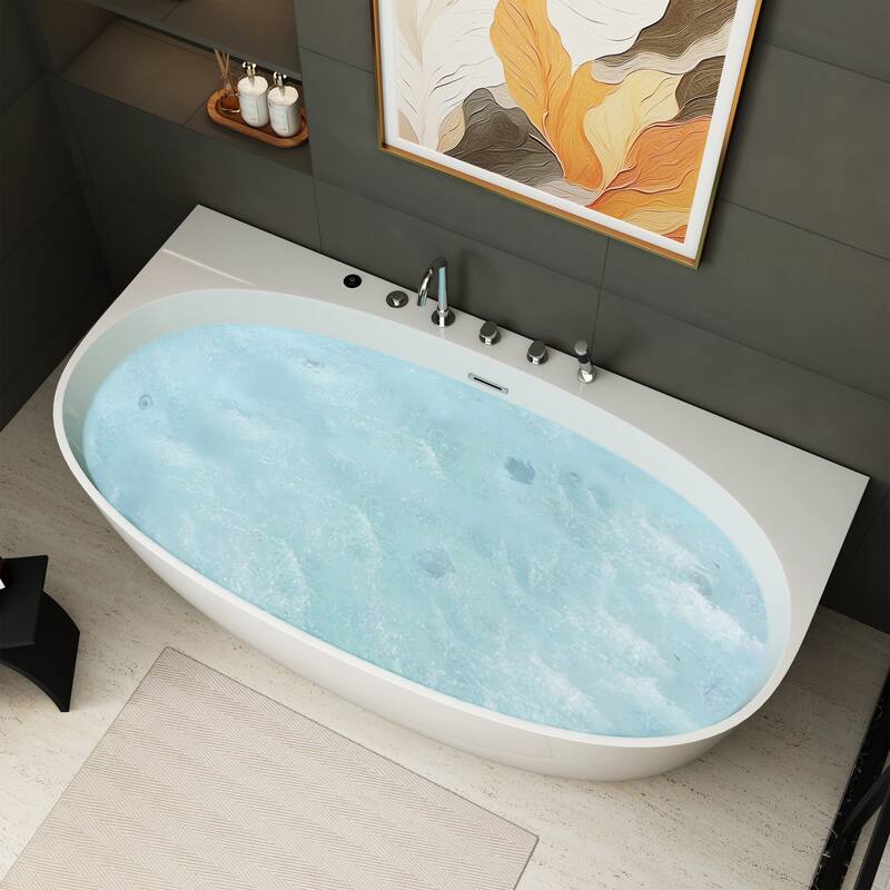 67 in. Freestanding Acrylic Whirlpool Bathtub with 6 Jets, Chromatherapy LED Lighting, 4-Hole Faucet Kit, Center Drain