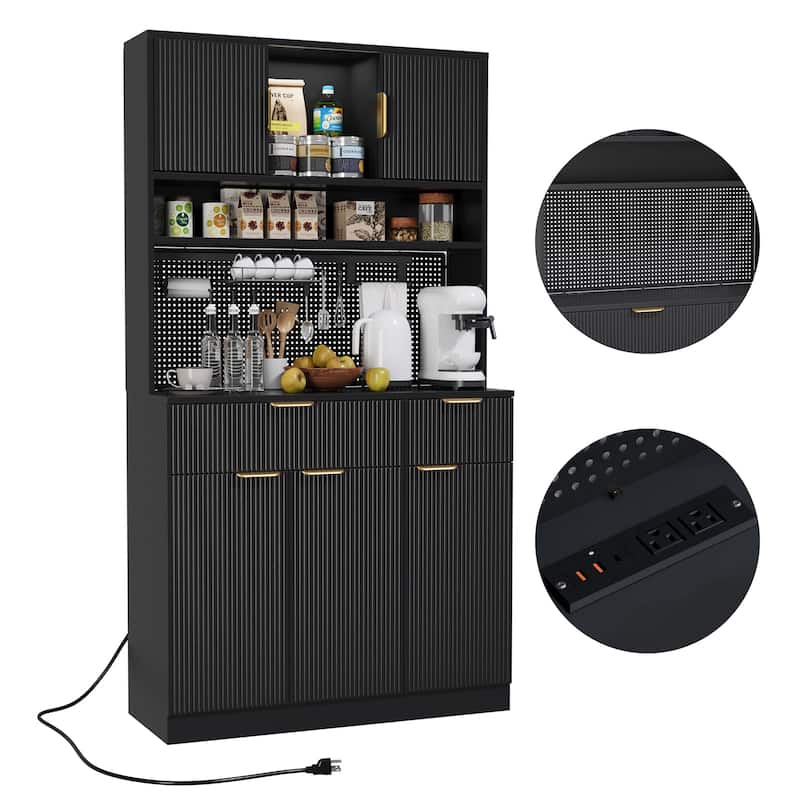 Meyreso Boho Fluted Kitchen Pantry Storage Cabinet Hutch with Microwave Stand and Power Outlets
