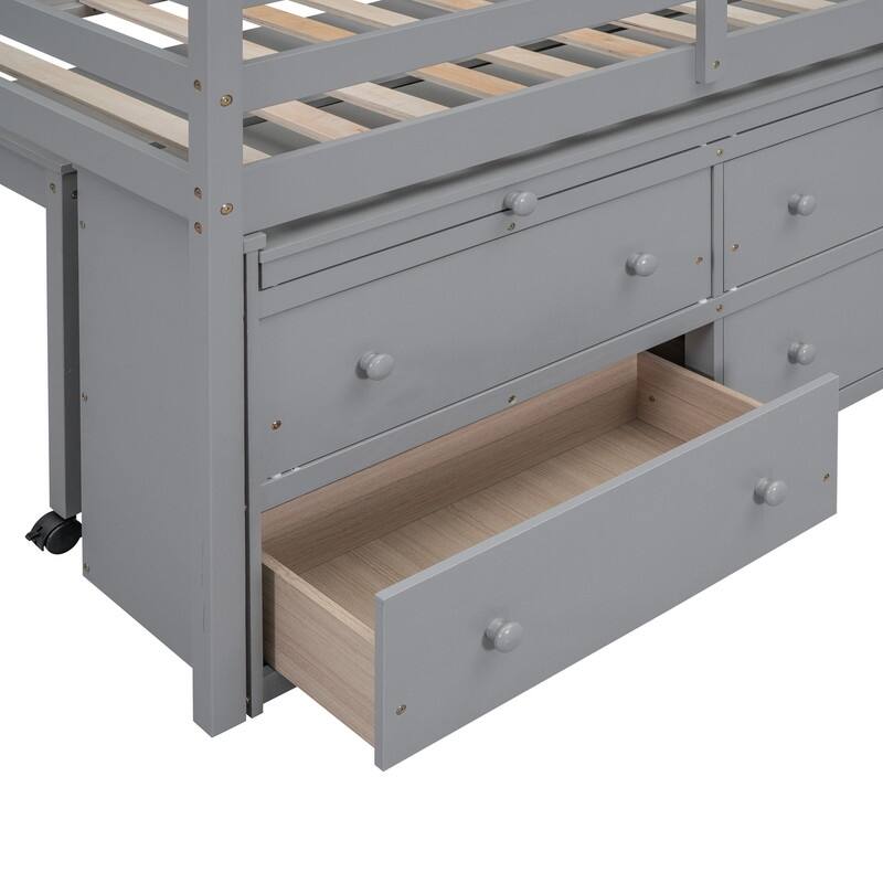 Twin/Full Size Low Loft Bed with Retractable Writing Desk and 4 Drawers, Wooden Loft Bedframe w/ Lateral Portable Desk & Shelves