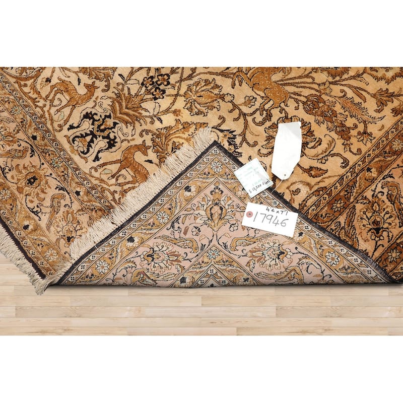 Hand Knotted Tan,Brown Persian 100% Silk Pictorial Oriental Area Rug - 4' 6'' x 7' 1''