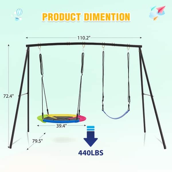 dimension image slide 0 of 2, EROMMY Heavy-Duty A-Frame Metal Swing Set for Kids - 440lbs Capacity, Includes Saucer Swing & Belt Swing