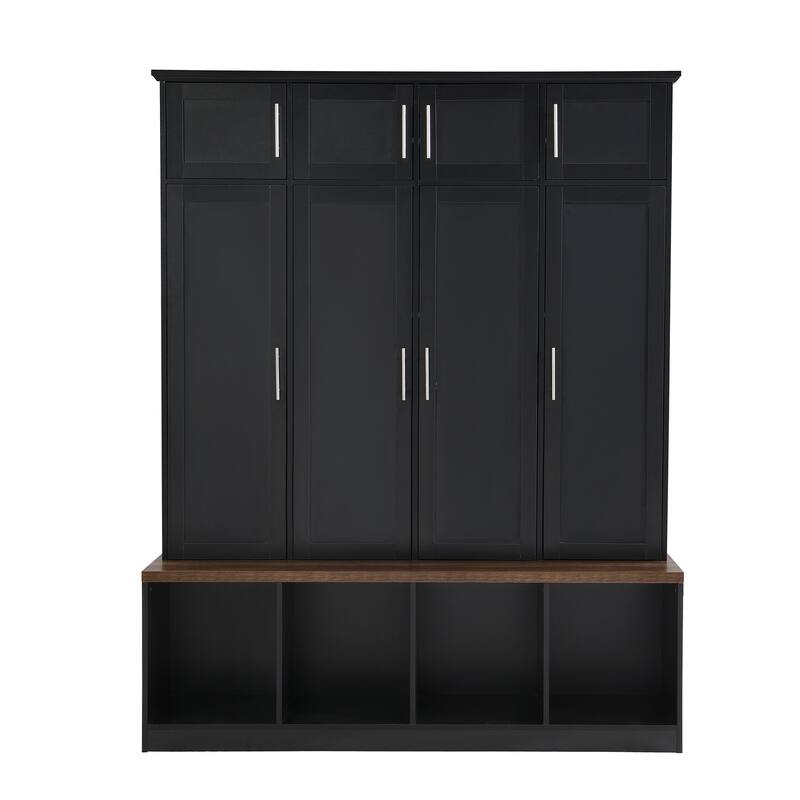 Hall Tree Storage Cabinet with 4 Hidden Hooks, Bench, and Open Compartments