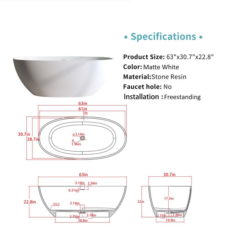Premium Solid Surface Freestanding Soaking Bathtub with Center Drain and Pop-up Drain, Modern Matte White Tub with Overflow