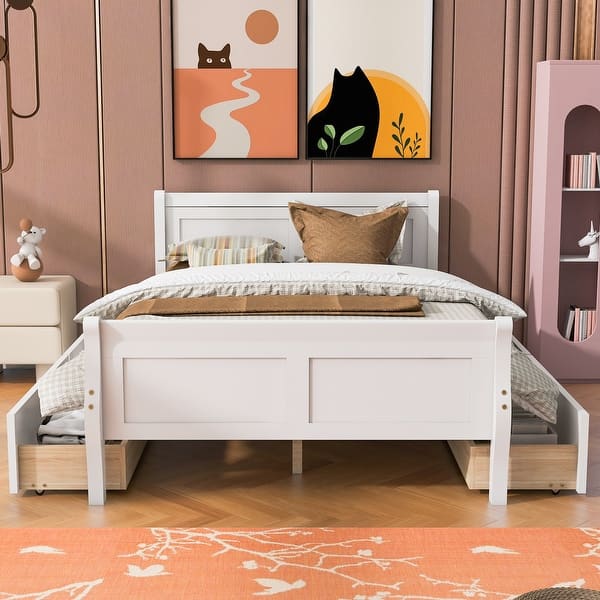 slide 2 of 13, Full Size Bed Frame Solid Pine Wood Construction Storage Bed Curved Legs Design Platform Bed with Headboard & 4 Drawers, White White - Full